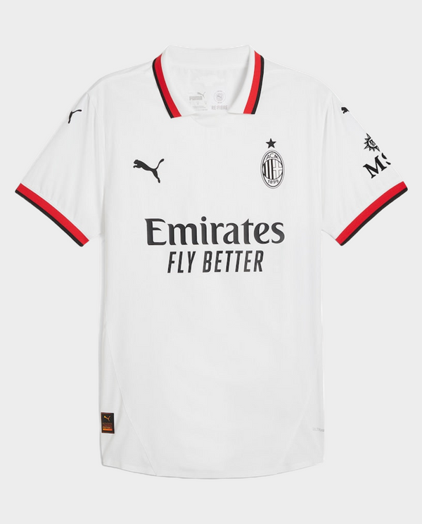 AC Milan away jersey 2024 in white with red accents and Emirates logo for fans