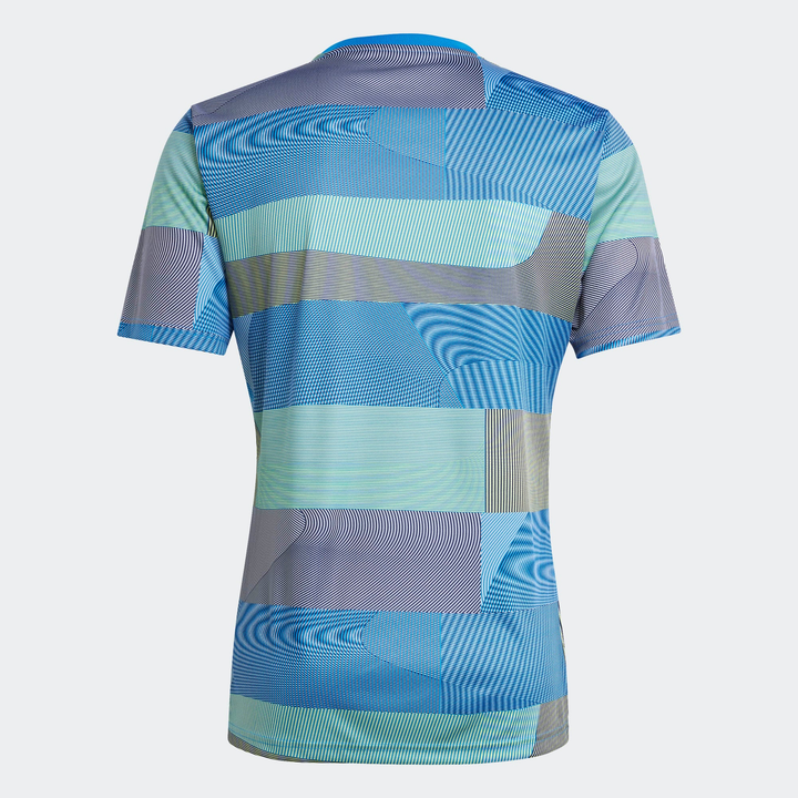 Back view of Real Madrid pre match jersey 2025 with blue and green geometric pattern available at Striker Store