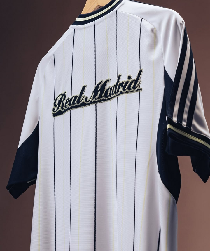 Striker Store Real Madrid special edition jersey 2025-26 white pinstripe back view embroidered script with navy sleeves