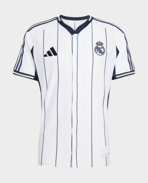Striker Store Real Madrid special edition jersey 2025-26 white with navy pinstripes and Adidas logo