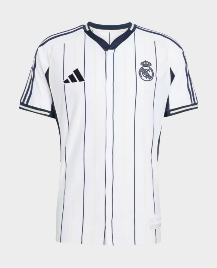 Striker Store Real Madrid special edition jersey 2025-26 white with navy pinstripes and Adidas logo