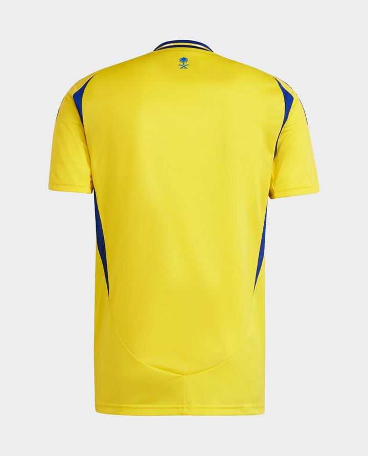 Back view of Al Nassr fan jersey 2024 in yellow with blue accents, perfect for soccer supporters