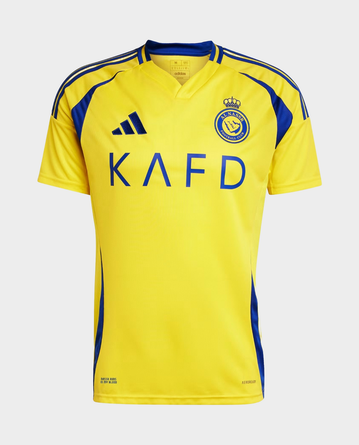 Vibrant yellow Al Nassr fan jersey 2024 with blue accents for dedicated supporters