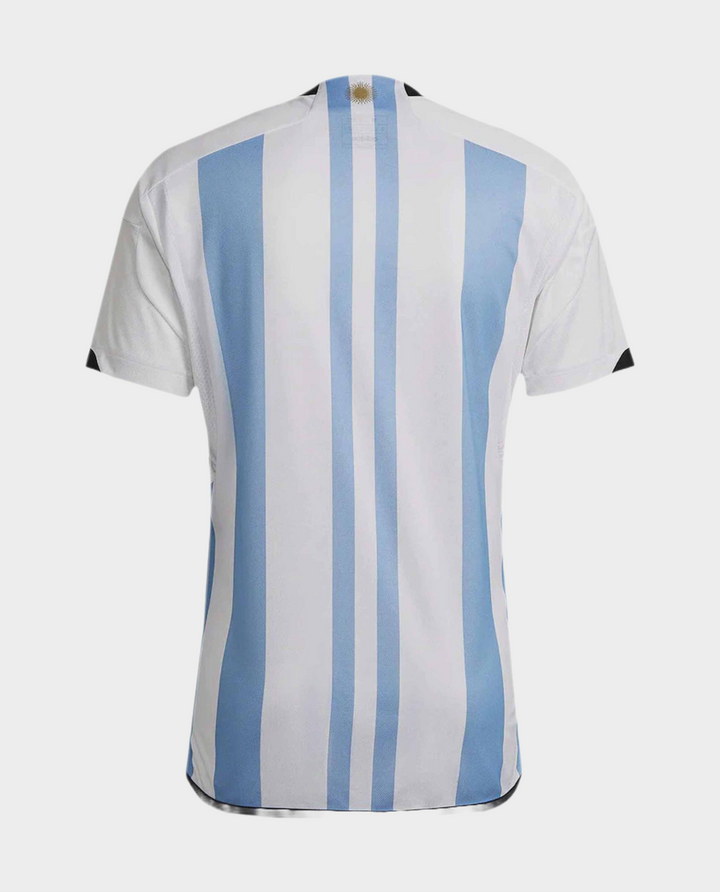 Back view of Argentina 2022 World Cup jersey with bold blue stripes on a white background
