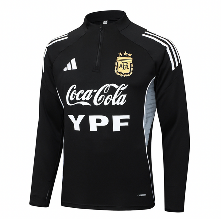 Striker Store Argentina black training suit 2025 featuring adidas branding and a quarter-zip design