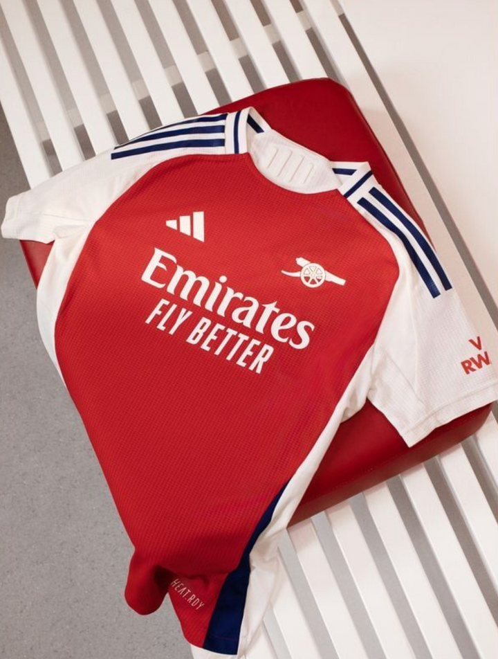 Arsenal 2024 home jersey in red and white featuring Emirates Fly Better logo