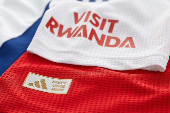 Arsenal 2024 home jersey featuring red and white design with Visit Rwanda branding