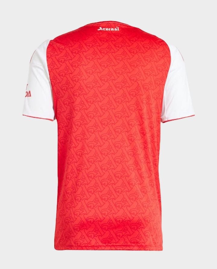 Back view of 2025-26 Arsenal player version kit in red and white with subtle logo pattern