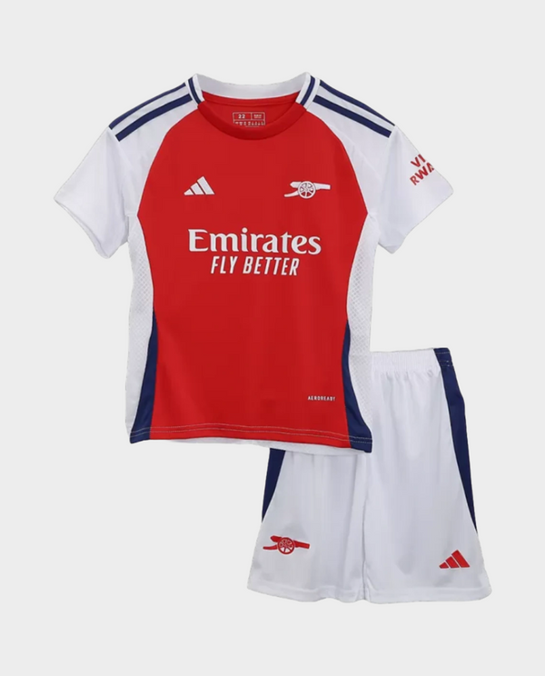 Kids Arsenal jersey 2024 featuring a red top and white shorts with blue accents for young fans