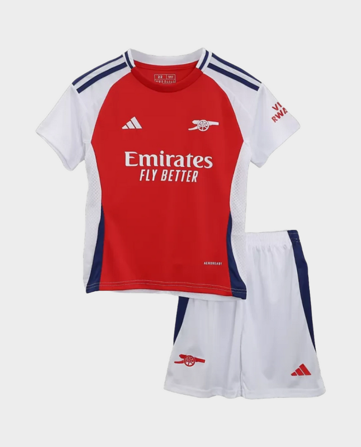 Kids Arsenal jersey 2024 featuring a red top and white shorts with blue accents for young fans