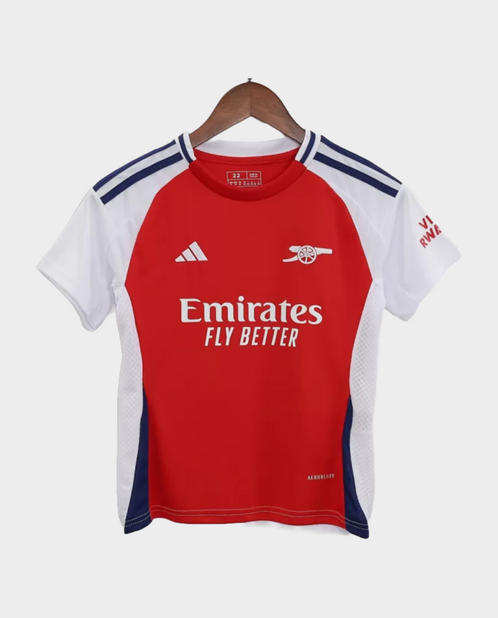Kids Arsenal jersey 2024 featuring the red and white design with Emirates logo for young fans