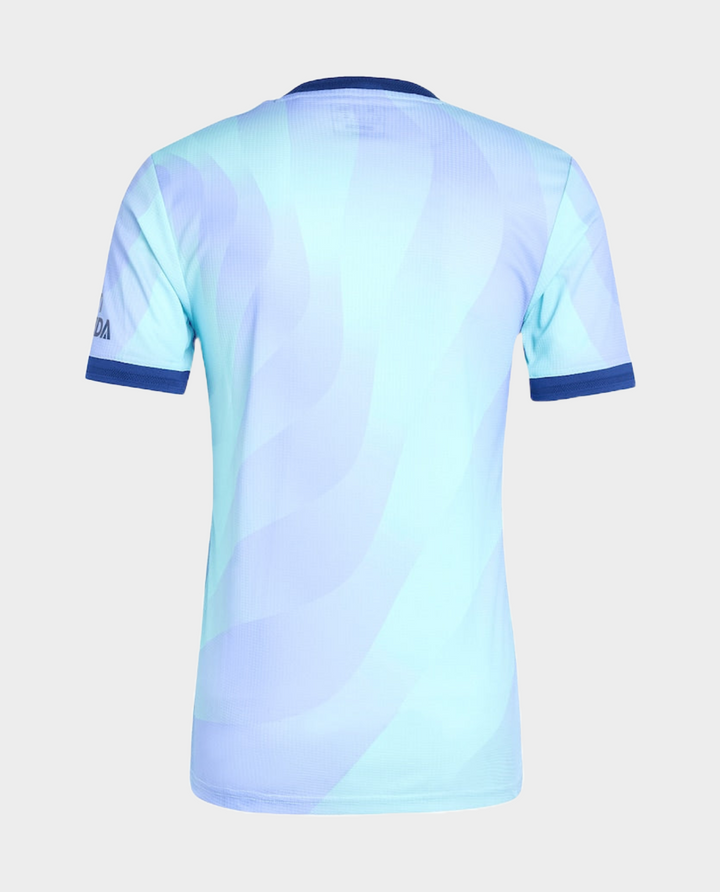 Back view of Arsenal Third Jersey 2024 in light blue with wave design and blue collar