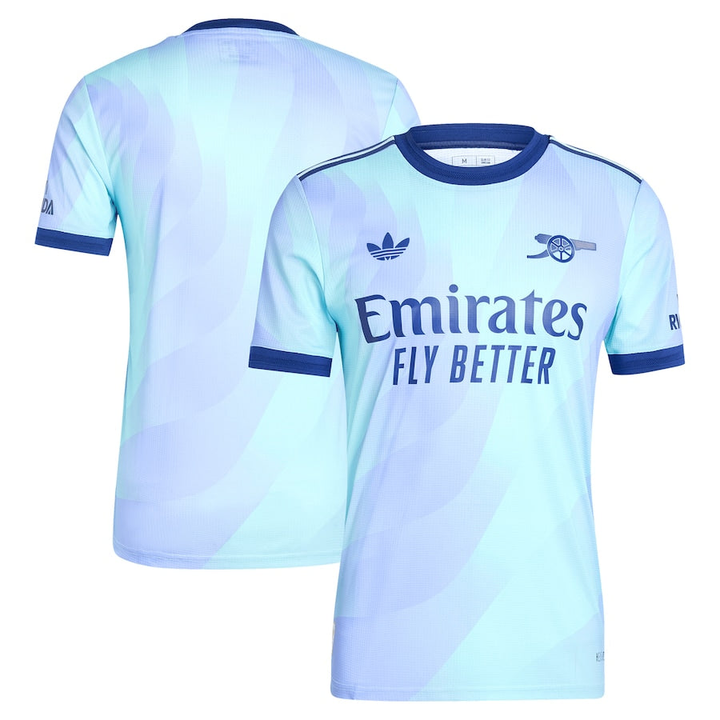 Arsenal Third Jersey 2024 in light blue with Emirates logo and Adidas branding for soccer fans