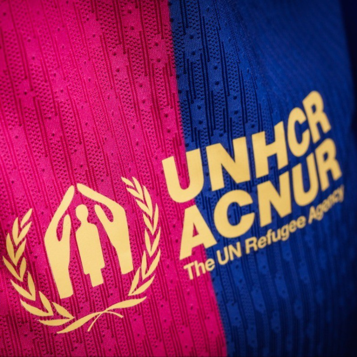 Barcelona Home Jersey 2024 featuring UNHCR logo, vibrant blue and maroon colors