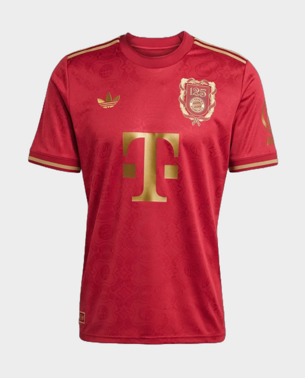 Bayern Munich 125th anniversary jersey in red with gold accents and club emblem