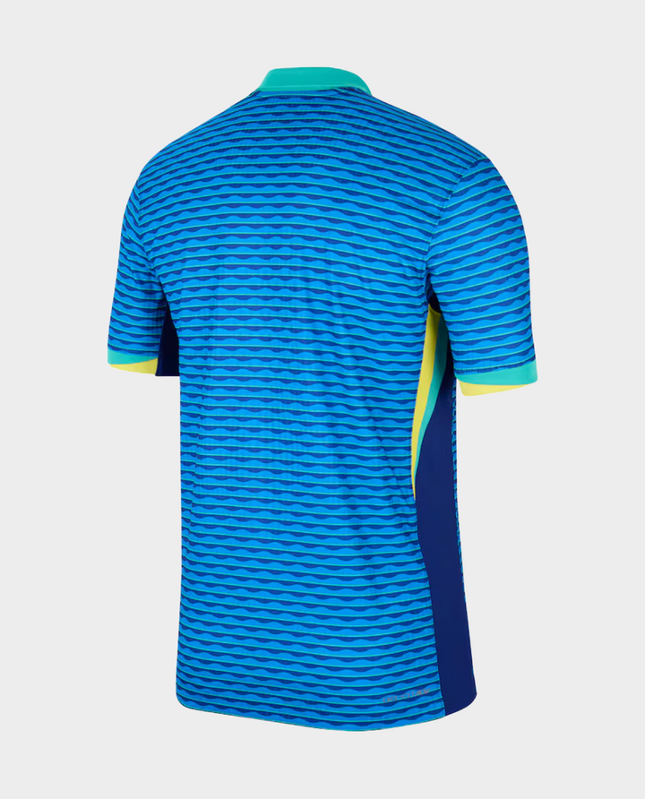 Brazil away jersey 2024-25 in blue with a unique wave pattern and contrasting colors