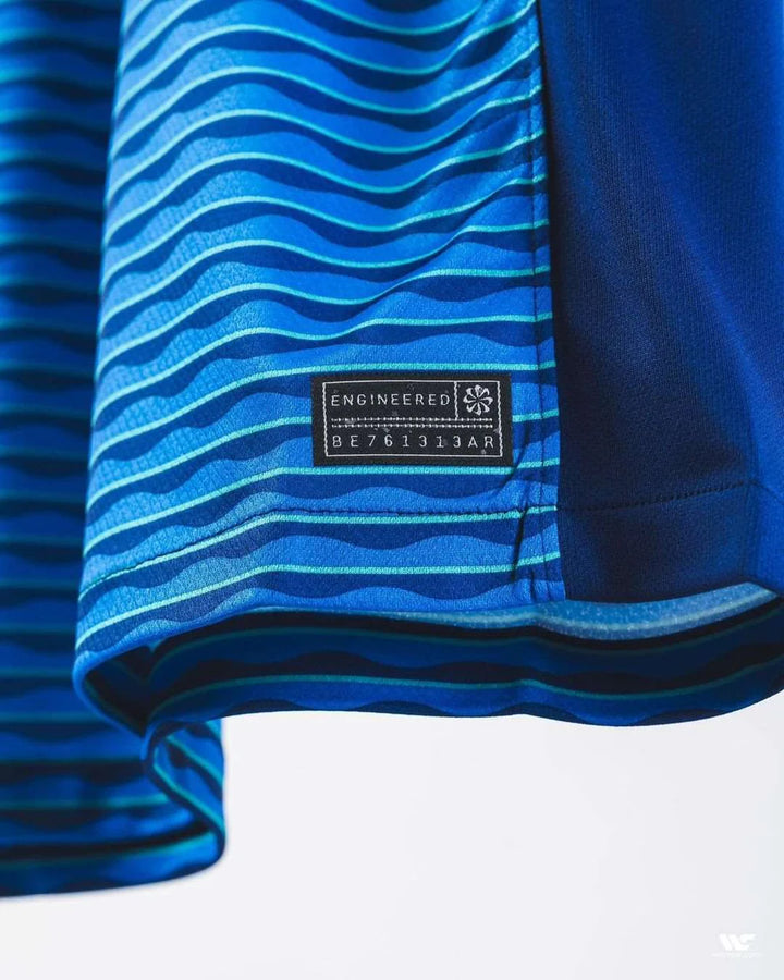 Close-up of the Striker Store Brazil away jersey 2024-25 with wave pattern and engineered tag