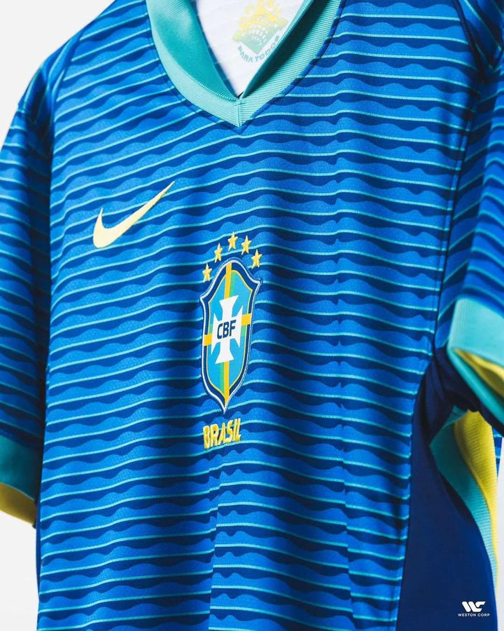 Brazil away jersey 2024-25 featuring iconic blue design and CBF logo for soccer fans
