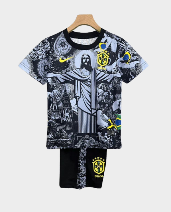 Brazil Christ the Redeemer kit for kids featuring a graphic tee and shorts in black and yellow