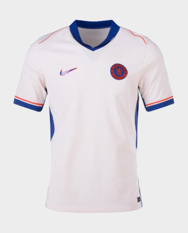Chelsea away jersey 2024 featuring a white design with blue accents and Nike logo