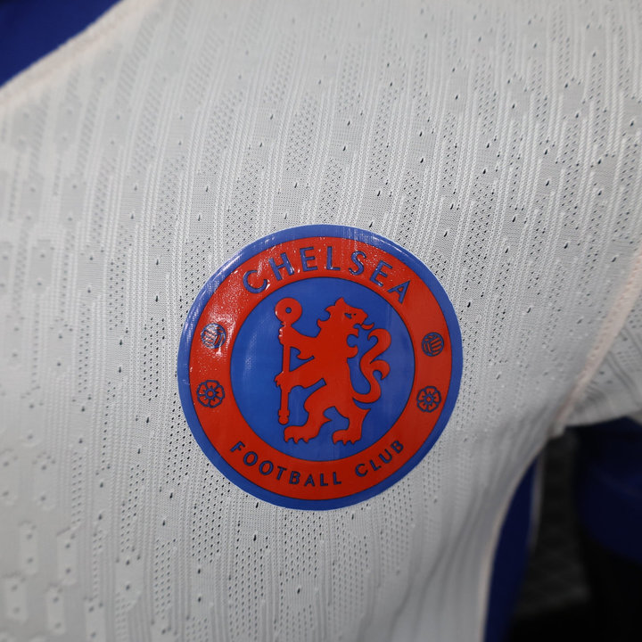 Chelsea away jersey 2024 featuring the club logo in vibrant colors and breathable fabric design.
