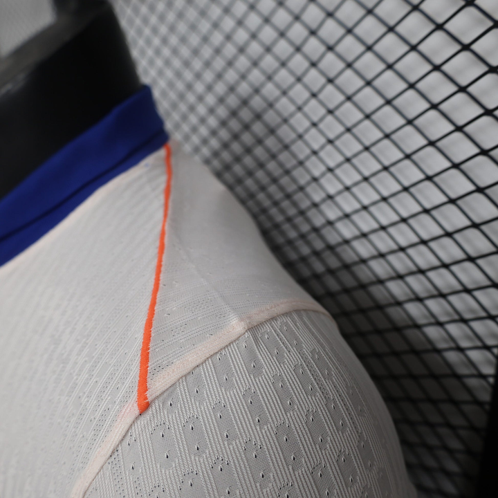 Close-up of the Chelsea Away Jersey 2024 showing the collar detail and breathable fabric texture