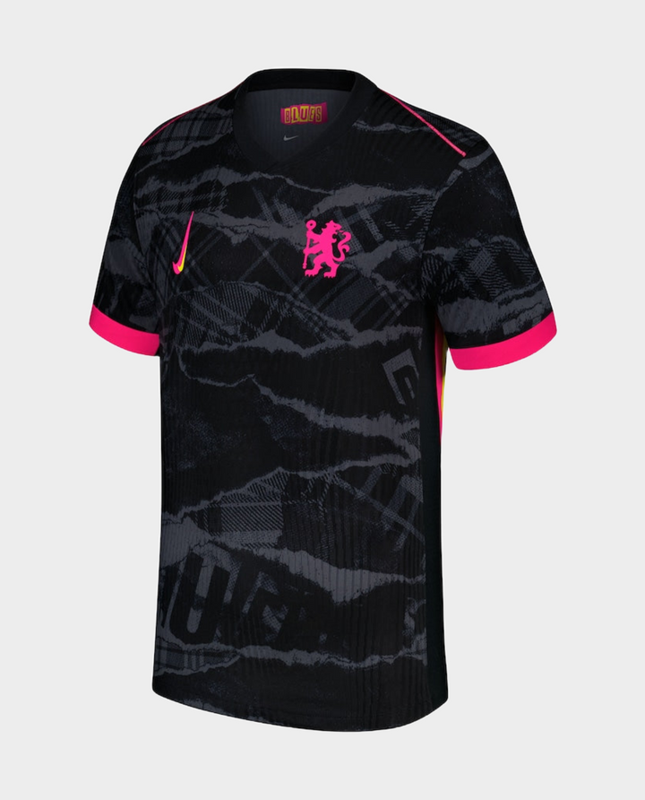 Chelsea third jersey 2024 fan version in black with pink accents and dynamic design