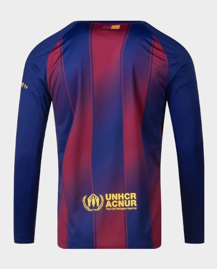 Barcelona home jersey 2025-26 player version with team colors and UNHCR logo on back