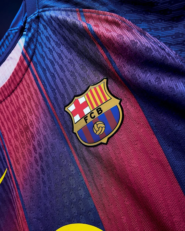 Close-up of the Barcelona home jersey 2025-26 player version featuring the iconic club crest