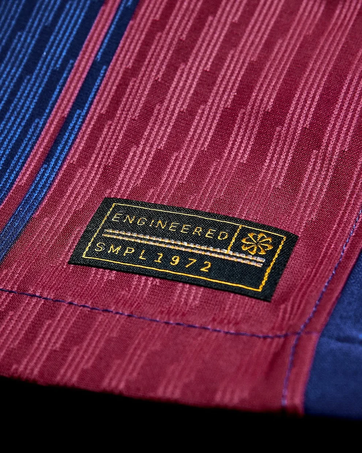 Close-up of Barcelona home jersey 2025-26 player version label showing engineered details and craftsmanship