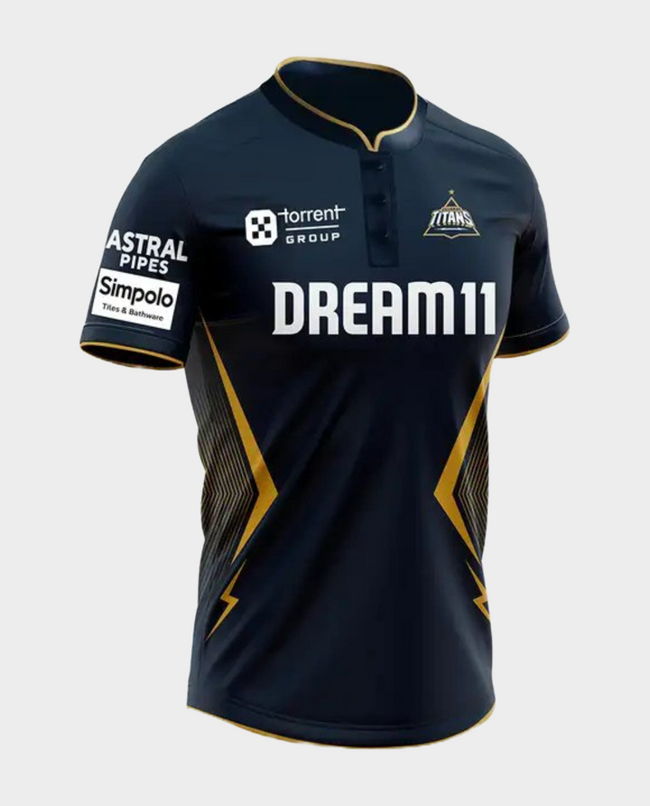 Gujarat Titans fan jersey 2025 featuring a sleek design with bold team colors and sponsor logos