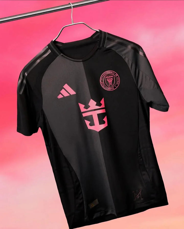 Inter Miami 2024-25 away jersey in black and pink design showcasing the club logo