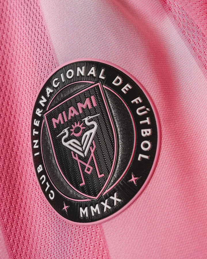 Close-up of the Inter Miami home jersey 2024 badge showcasing the club emblem and details