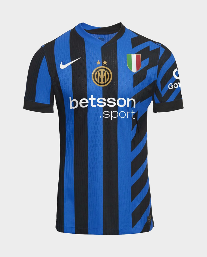 Inter Milan home jersey 2024-25 with blue and black stripes, featuring the club logo and sponsor branding