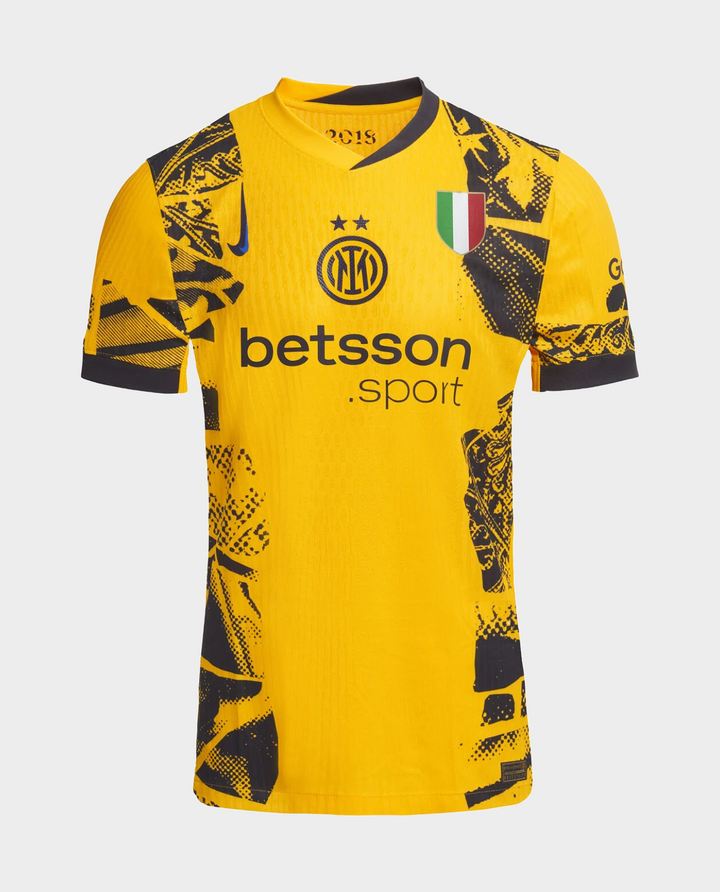 Inter Milan third jersey player version in yellow with graphic design and club logo