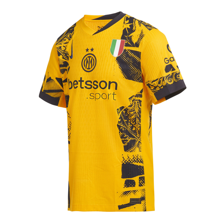 Inter Milan third jersey player version in yellow with unique graphic design and team logo