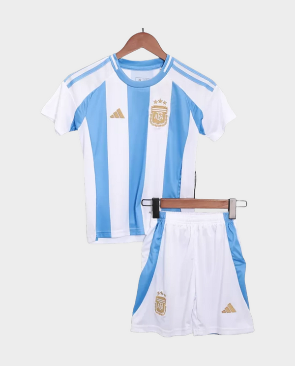 Kids Argentina football jersey 2024 set in blue and white with gold accents from Striker Store