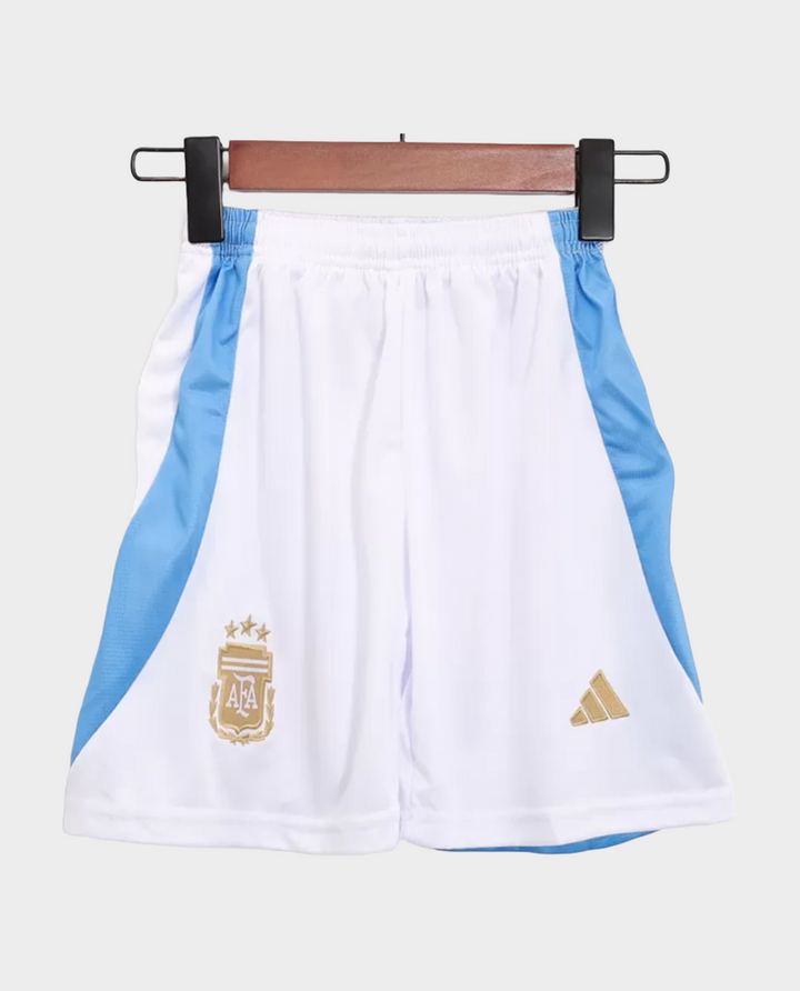 Kids Argentina football jersey 2024 featuring blue and white shorts with gold details for young fans