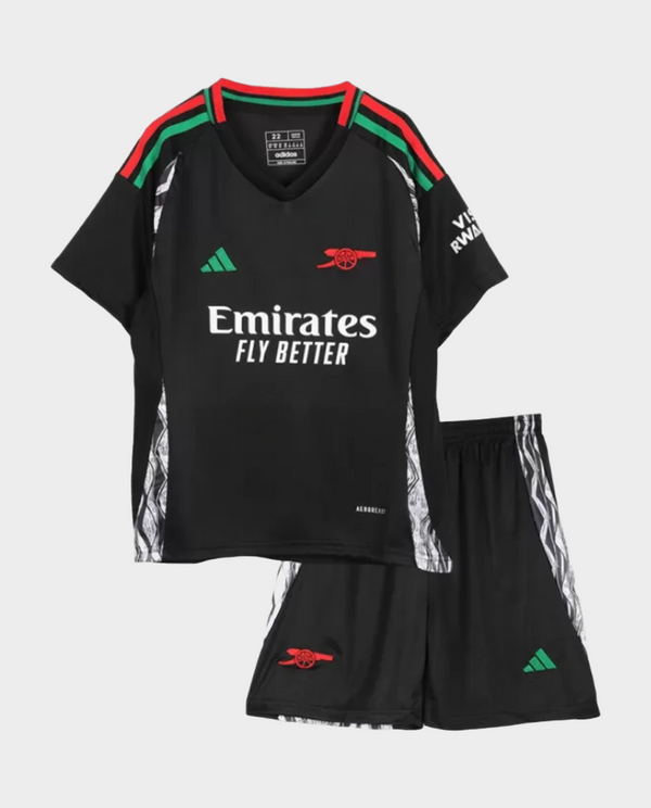 Kids Arsenal Away Jersey 2024 in black with Emirates logo and matching shorts for young fans