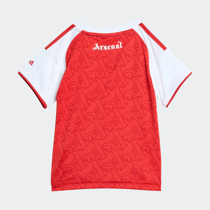 Kids Arsenal home kit 2025-26 featuring a vibrant red design with white accents and logo