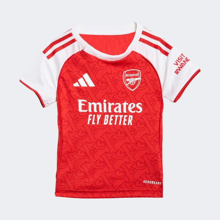 Kids Arsenal home kit 2025-26 with red short-sleeve jersey featuring club branding