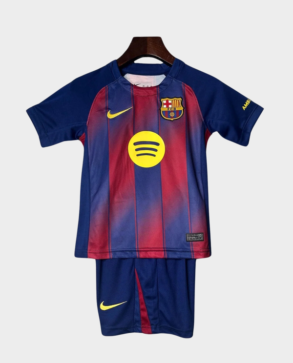 Kids Barcelona Home Kit 2025-26 by Striker Store featuring jersey and shorts in vibrant colors