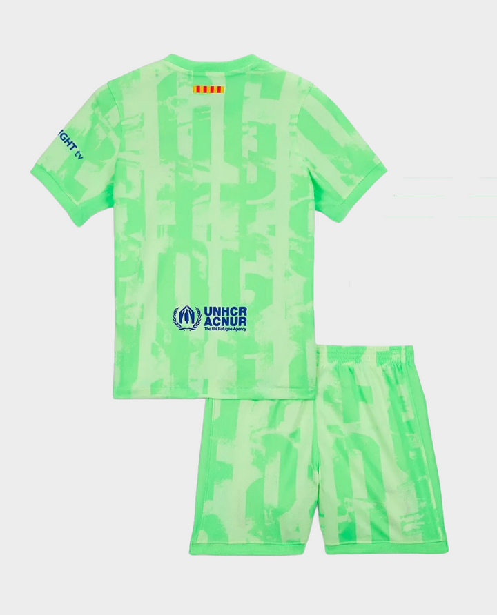 Kids Barcelona Jersey 2024-25 in green with matching shorts and unique pattern for young fans