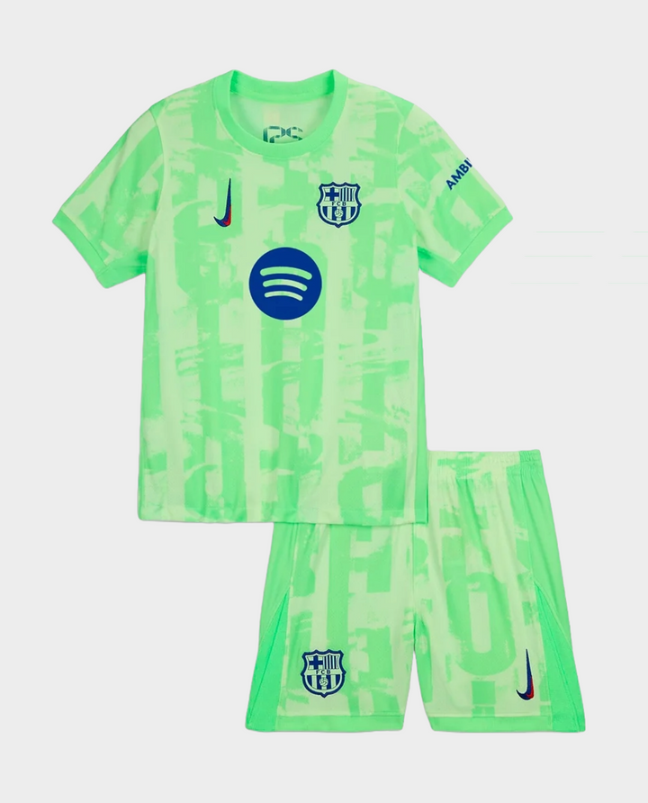 Kids Barcelona Jersey 2024-25 in green with shorts, perfect for young soccer fans