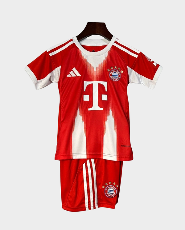 Kids Bayern Munich 2025-26 home kit featuring red and white jersey with shorts for young fans