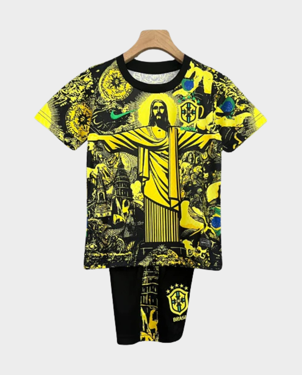 Kids Brazil football kit 2025 featuring a vibrant design with Christ the Redeemer and colorful patterns