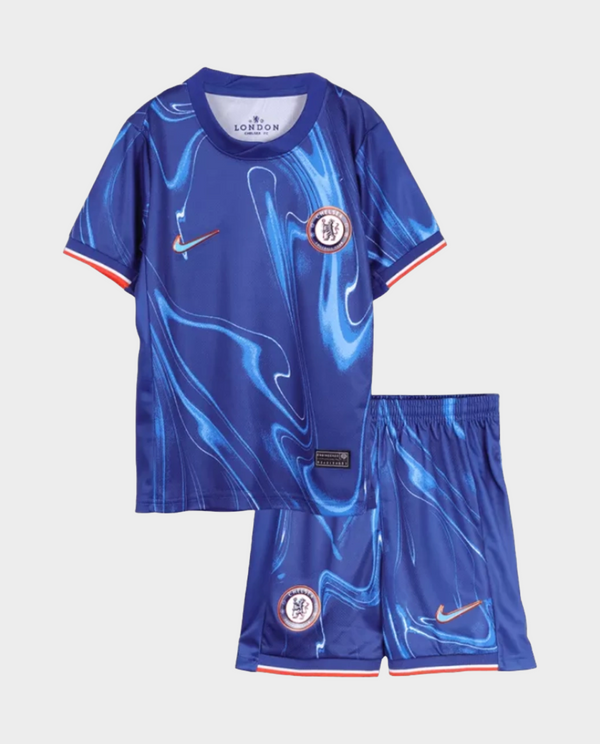 Kids Chelsea 2024 Home Jersey Set in Blue with Unique Swirl Design for Young Fans