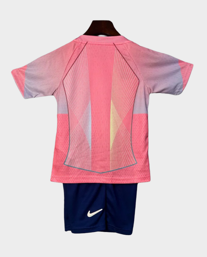 Kids FC Barcelona Pink Jersey 2025-26 with breathable fabric and matching shorts for young fans