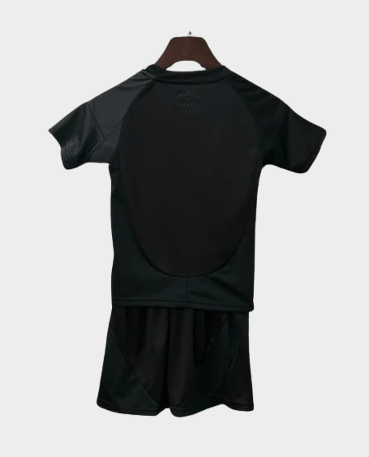 Kids Inter Miami Away Kit 2025-26 in black, featuring a short-sleeve jersey and matching shorts