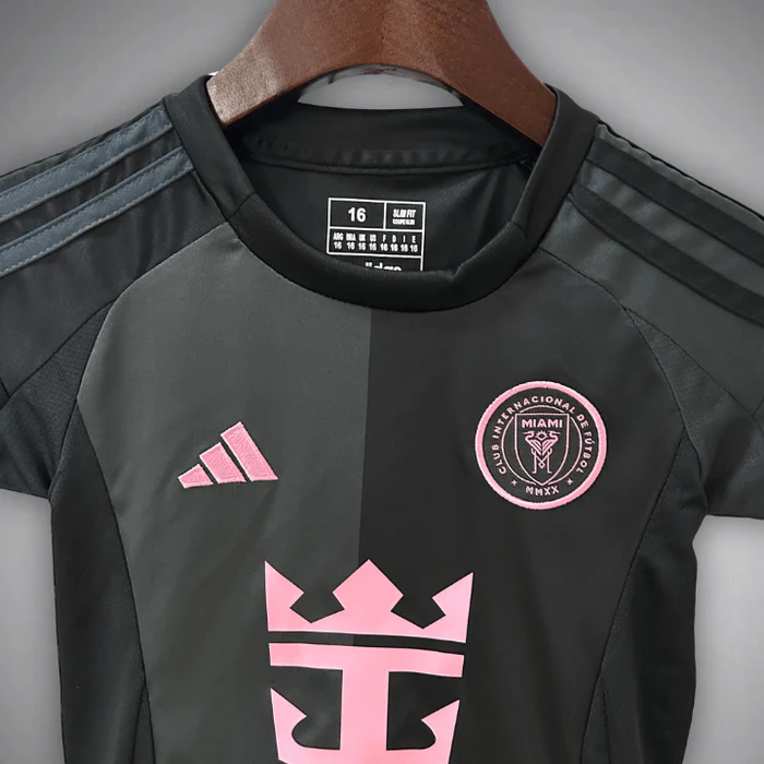 Kids Inter Miami Away Kit 2025-26 jersey in black and pink with Adidas logo and crown design